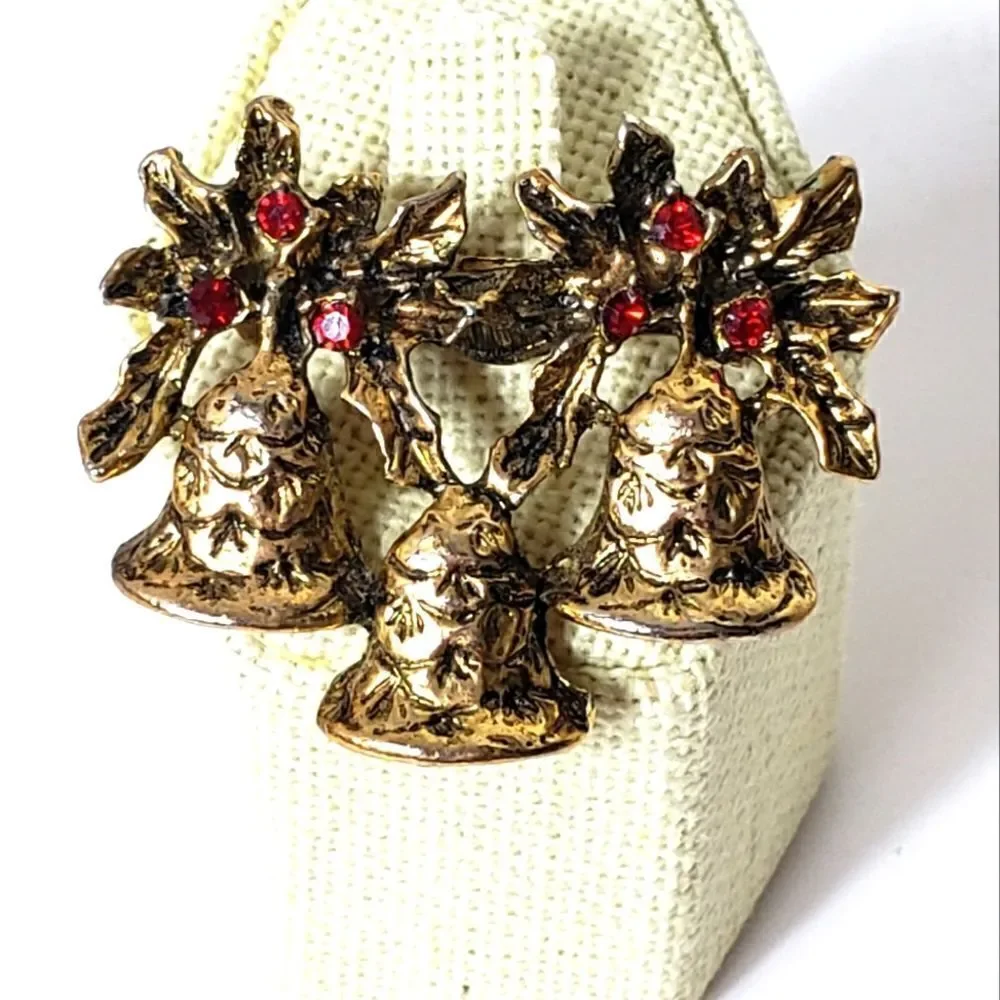 Vintage Christmas Holiday Bells Embellished Pin Brooch